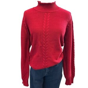 Vtg Cherry Red Cable Knit Trim‎ Roll Neck Sweater XL Oversized Fisherman Preppy